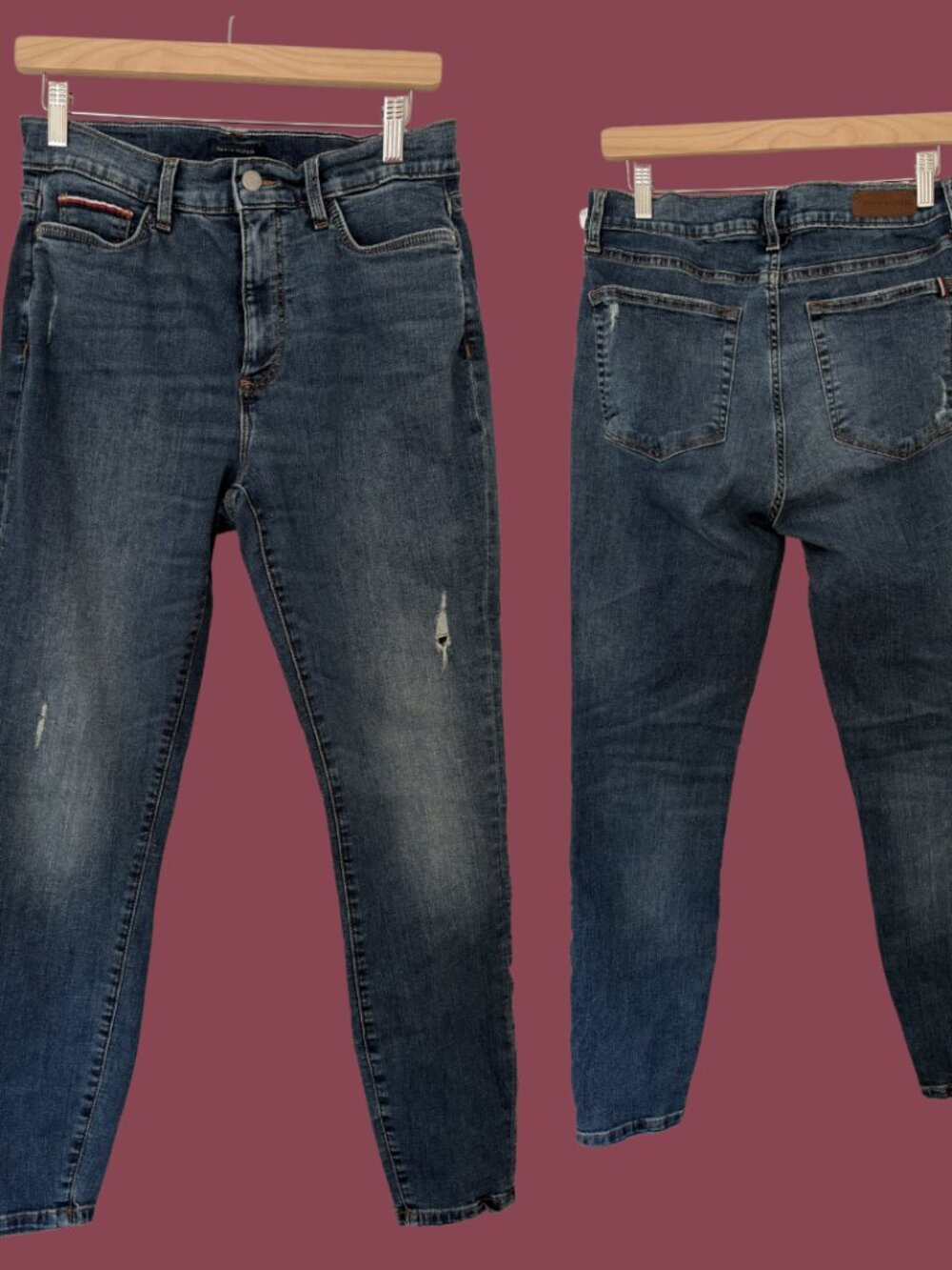 Tommy Hilfiger High Rise Curve Distressed Skinny Jeans, Dark Wash, Size 8